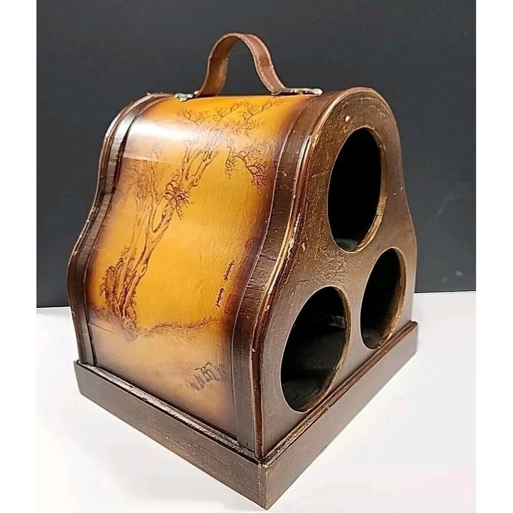 vintage Wooden Wine Caddy With Leather Handle Oriental Tree Art Work Very Unique